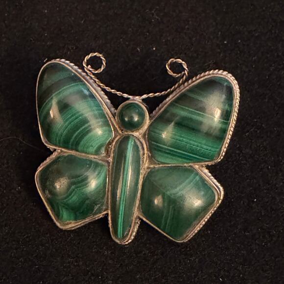 Vintage Sterling and Malachite Butterfly Brooch Pin Russia 1" - Picture 6 of 7